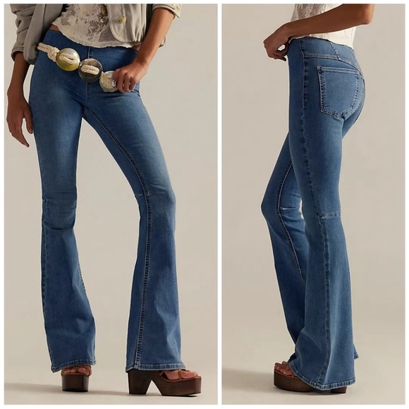 WE THE FREE Penny Pull-On Flare Jeans Dark Blue Boho low Ris Retro - Picture 2 of 12
